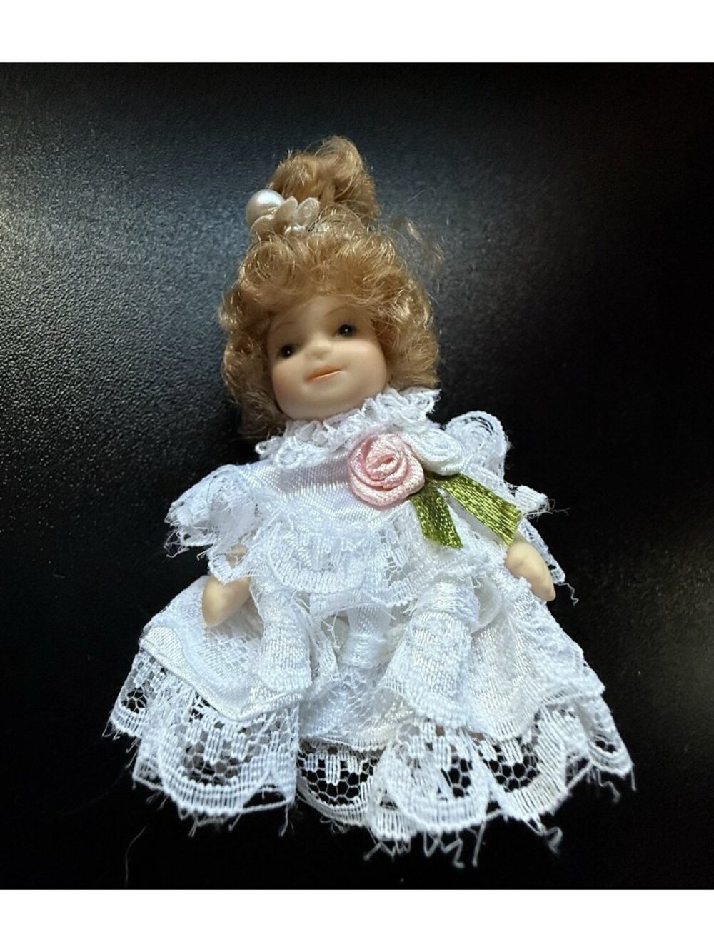 VTG Porcelain Miniature Doll With White Lace Dress & Pearl Hairband